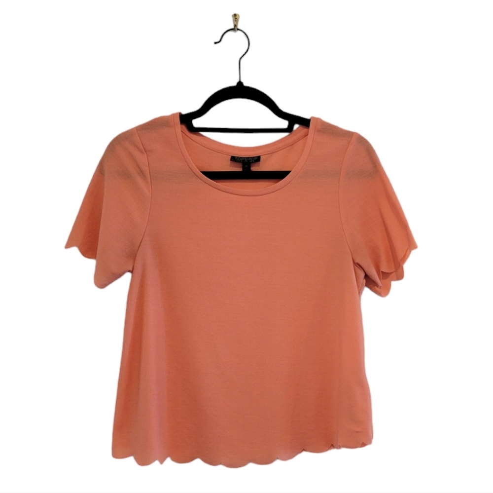 Topshop 6 Coral Salmon Pink Boxy Crop Scallop Short Sleeve Sheer Blouse Shirt